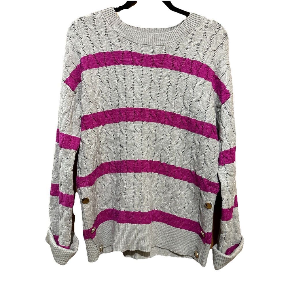 Marled Reunited Clothing Striped Gray/Purple Gold Buttons KnitSweater Size Small